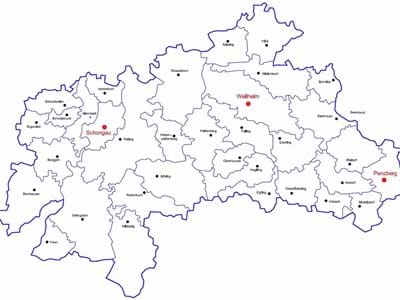 Landkreiskarte des Landkreises Weilheim-Schongau mit den Namen der einzelnen Städte, Märkte und Gemeinden