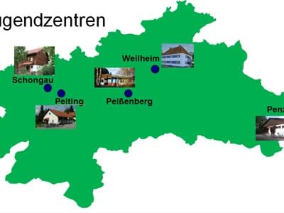 Jugendzentren Güne Karte vom Landkreis Weilheim-Schongau mit den Jugendzentren