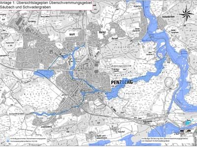 Übersichtslageplan Überschwemmungsgebiet am Säubach und Schwadergraben Übersichtslageplan Überschwemmungsgebiet Säubach und Schwadergraben