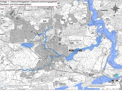 Übersichtslageplan Überschwemmungsgebiet Säubach und Schwadergraben