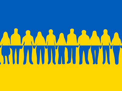 Ukrainische Flagge mit Menschen