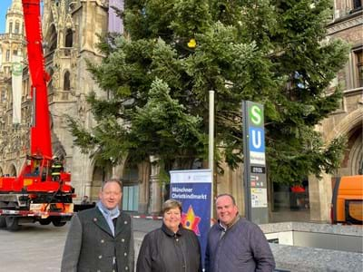 Schmückt in diesem Jahr zur Weihnachtszeit den Münchner Marienplatz: die Weißtanne aus der Gemeinde Hohenpeißenberg im Landkreis Weilheim-Schongau. Im Vordergrund Thomas Dorsch, Bürgermeister von Hohenpeißenberg, Landrätin Andrea Jochner-Weiß und Clemens Baumgärtner von der Stadt München