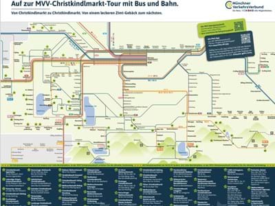 Keine Parkplatzsuche, aber entspannte Vorweihnachtsstimmung: Mit den öffentlichen Verkehrsmit-teln des MVV geht es zu den schönsten Christkindlmärkten der Region – dabei hilft der neue Flyer.